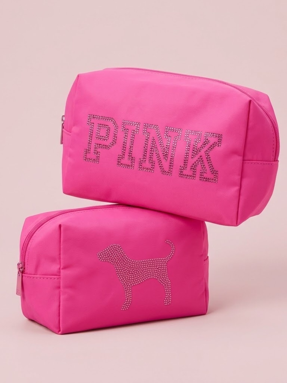 NWT Victoria's Secret PINK Hot Pink Rhinestone Makeup Bag Set (2-Piece)